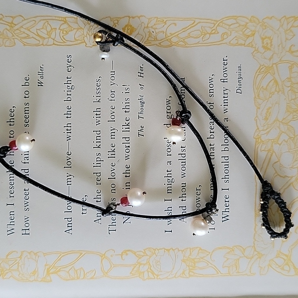 Handcrafted Natural Pearl and Real Ruby Leather Lariat Necklace - Picture 5 of 13
